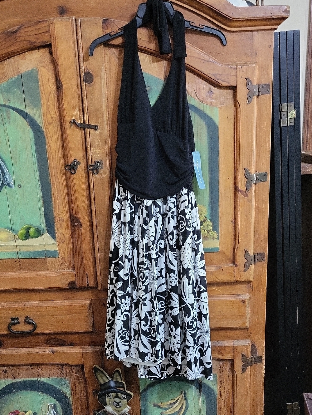 London Times Black Halter Dress with Black & White Floral Skirt